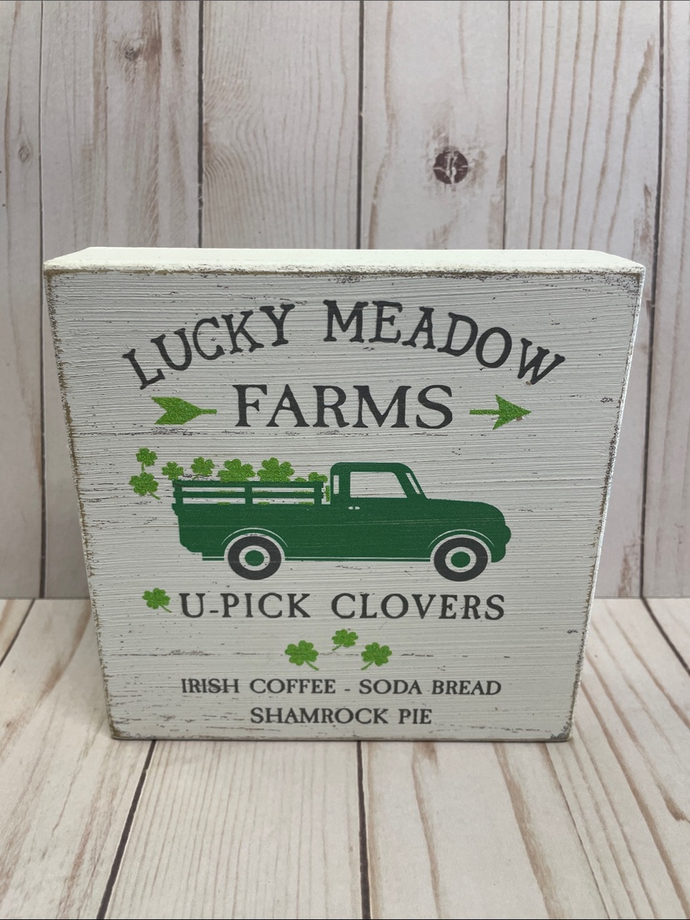 St. Patrick's Day Green Gold Truck Tabletop Sign 5.75" Square Wood Standing NEW
